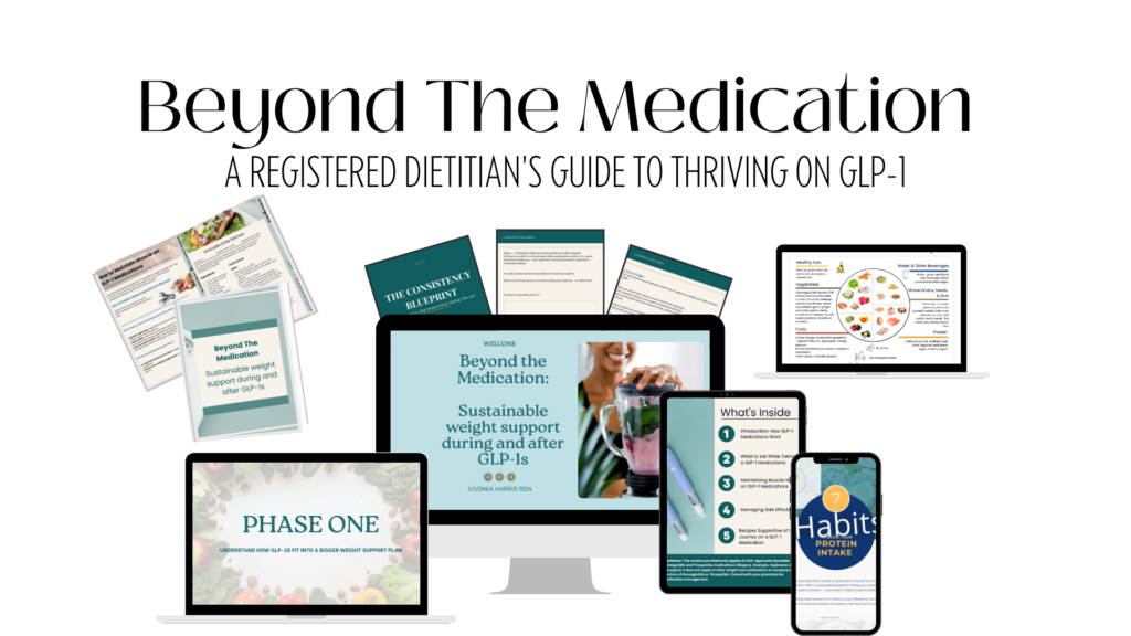 Beyond the Medication GLP-1 course mockup by Registered Dietitian Juvonia - GLP-1 lifestyle coaching program for women on Ozempic and Wegovy